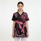 Australia Indigenous Mix Polynesian Scrub Top Pink Ribbon and Dragonflies - Aussie Hoodie