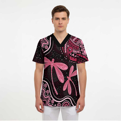 Australia Indigenous Mix Polynesian Scrub Top Pink Ribbon and Dragonflies - Aussie Hoodie