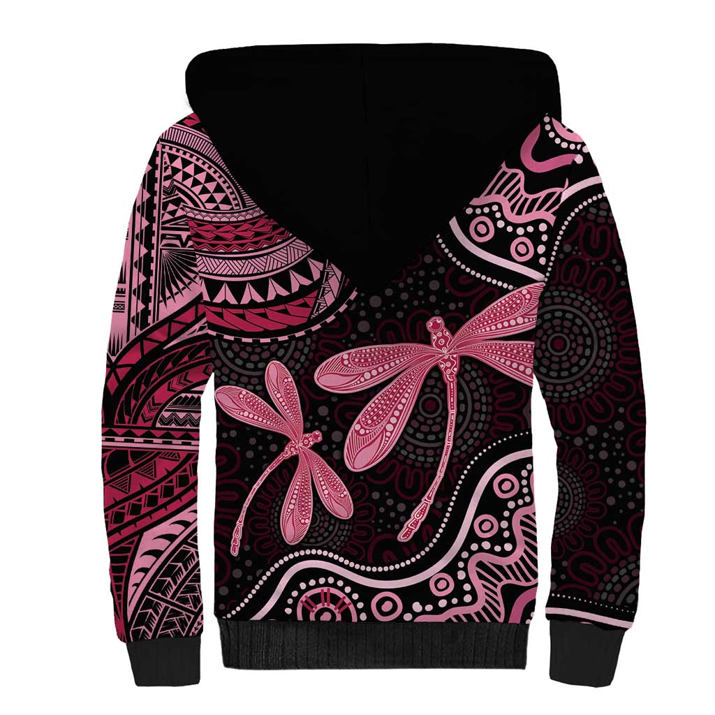 Australia Indigenous Mix Polynesian Sherpa Hoodie Pink Ribbon and Dragonflies - Aussie Hoodie