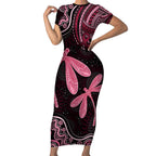 Australia Indigenous Mix Polynesian Short Sleeve Bodycon Dress Pink Ribbon and Dragonflies - Aussie Hoodie