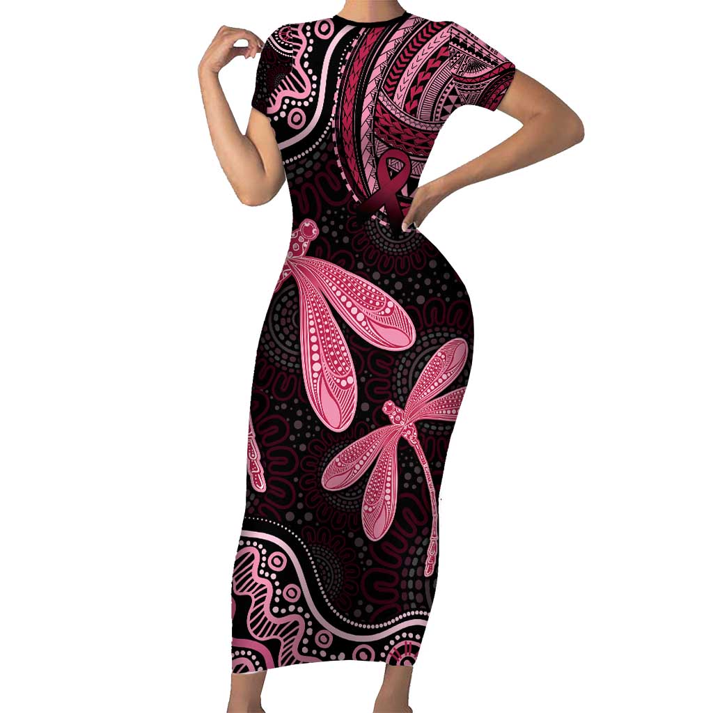 Australia Indigenous Mix Polynesian Short Sleeve Bodycon Dress Pink Ribbon and Dragonflies - Aussie Hoodie