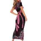 Australia Indigenous Mix Polynesian Short Sleeve Bodycon Dress Pink Ribbon and Dragonflies - Aussie Hoodie