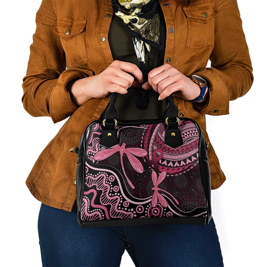 Australia Indigenous Mix Polynesian Shoulder Handbag Pink Ribbon and Dragonflies - Aussie Hoodie