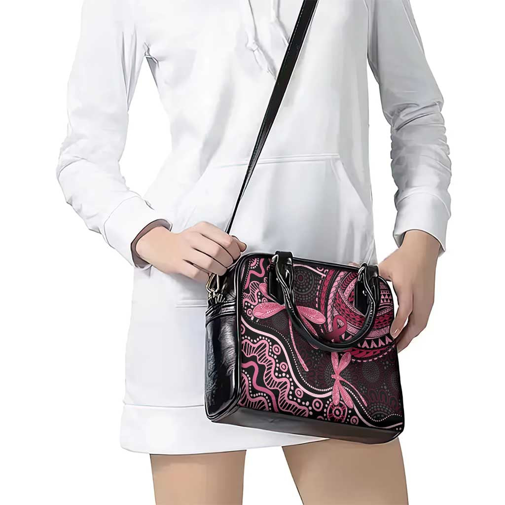 Australia Indigenous Mix Polynesian Shoulder Handbag Pink Ribbon and Dragonflies - Aussie Hoodie