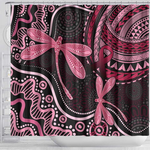 Australia Indigenous Mix Polynesian Shower Curtain Pink Ribbon and Dragonflies - Aussie Hoodie