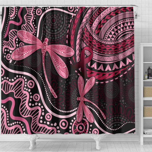 Australia Indigenous Mix Polynesian Shower Curtain Pink Ribbon and Dragonflies - Aussie Hoodie
