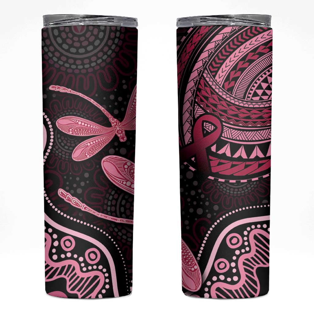 Australia Indigenous Mix Polynesian Skinny Tumbler Pink Ribbon and Dragonflies - Aussie Hoodie