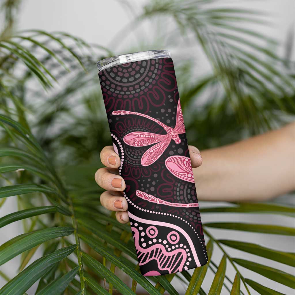 Australia Indigenous Mix Polynesian Skinny Tumbler Pink Ribbon and Dragonflies - Aussie Hoodie