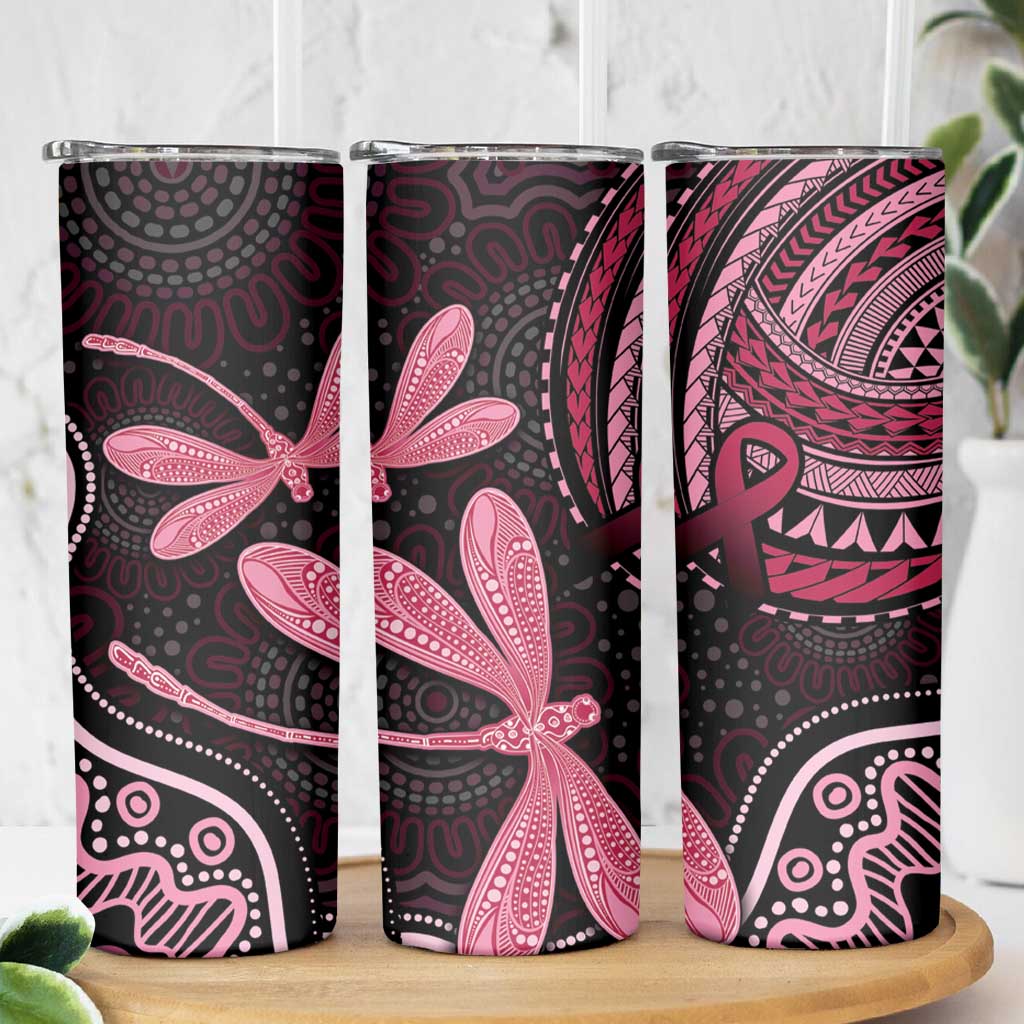 Australia Indigenous Mix Polynesian Skinny Tumbler Pink Ribbon and Dragonflies - Aussie Hoodie