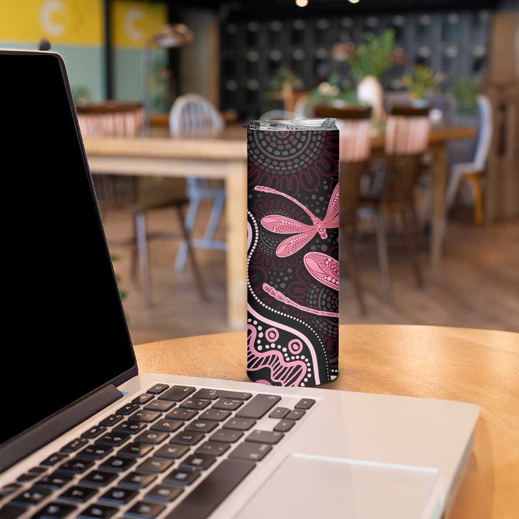 Australia Indigenous Mix Polynesian Skinny Tumbler Pink Ribbon and Dragonflies - Aussie Hoodie