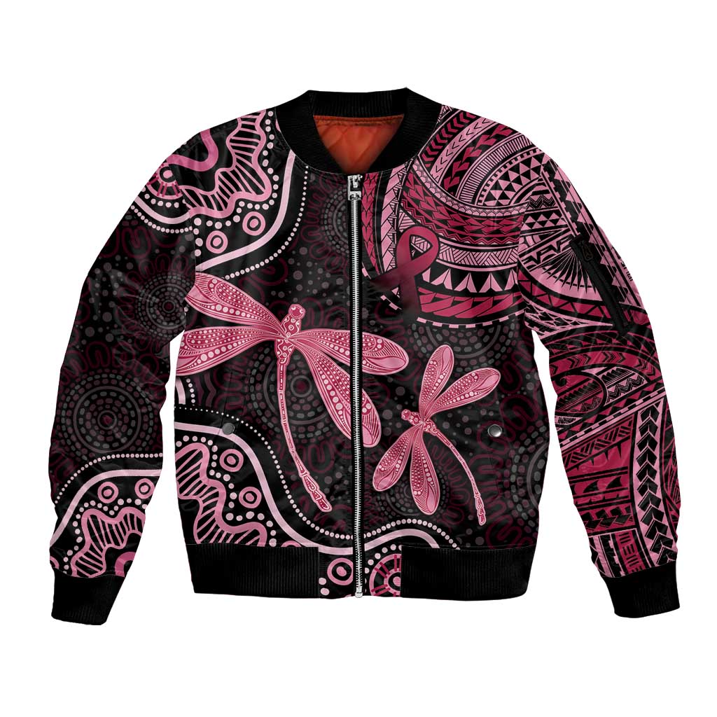 Australia Indigenous Mix Polynesian Sleeve Zip Bomber Jacket Pink Ribbon and Dragonflies - Aussie Hoodie