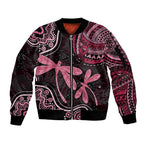 Australia Indigenous Mix Polynesian Sleeve Zip Bomber Jacket Pink Ribbon and Dragonflies - Aussie Hoodie
