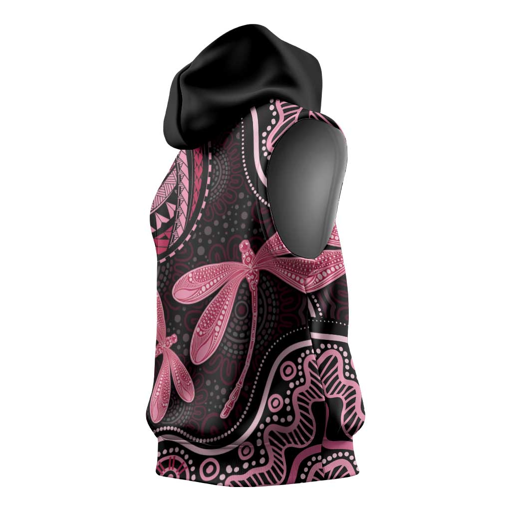 Australia Indigenous Mix Polynesian Sleeveless Hoodie Pink Ribbon and Dragonflies - Aussie Hoodie