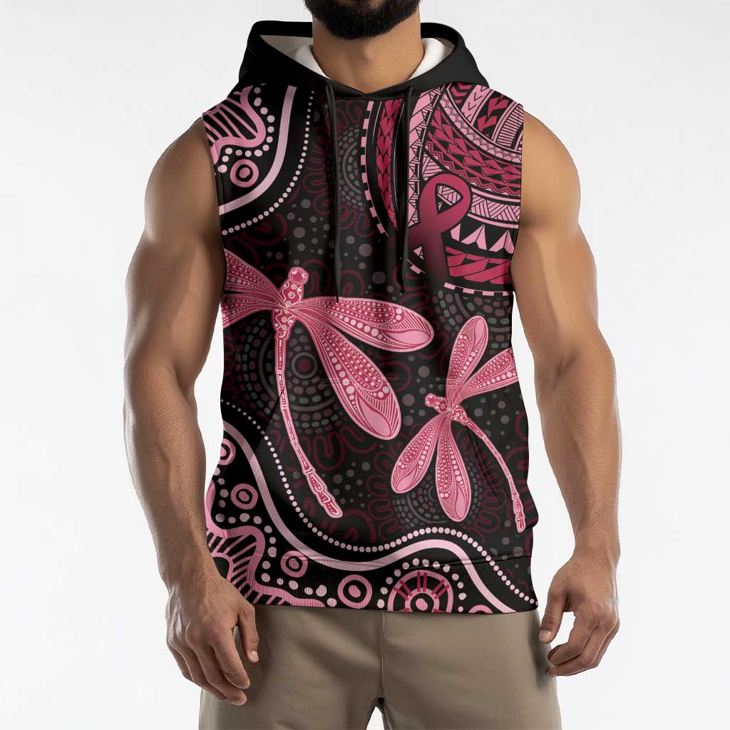Australia Indigenous Mix Polynesian Sleeveless Hoodie Pink Ribbon and Dragonflies - Aussie Hoodie