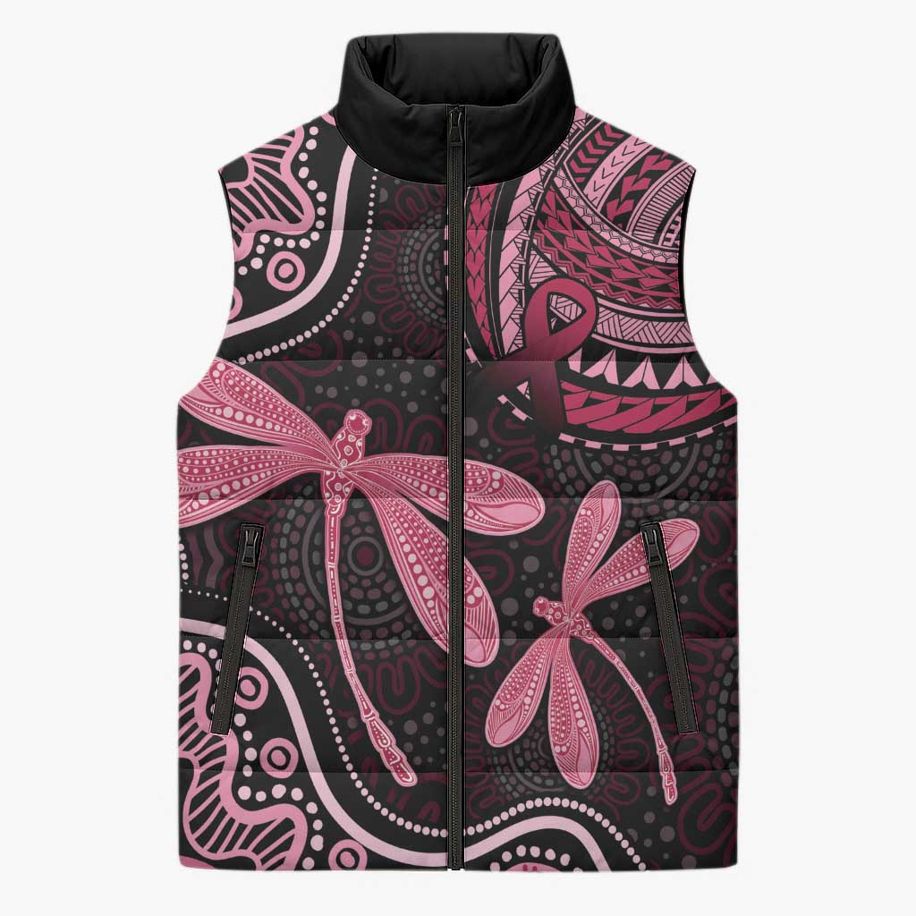 Australia Indigenous Mix Polynesian Sleeveless Puffer Jacket Pink Ribbon and Dragonflies - Aussie Hoodie