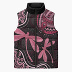 Australia Indigenous Mix Polynesian Sleeveless Puffer Jacket Pink Ribbon and Dragonflies - Aussie Hoodie