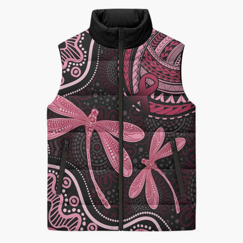 Australia Indigenous Mix Polynesian Sleeveless Puffer Jacket Pink Ribbon and Dragonflies - Aussie Hoodie