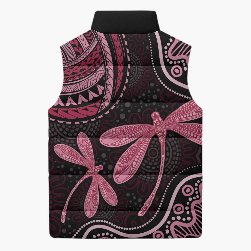 Australia Indigenous Mix Polynesian Sleeveless Puffer Jacket Pink Ribbon and Dragonflies - Aussie Hoodie