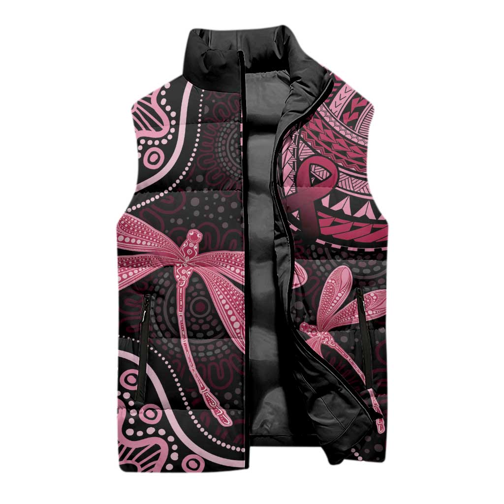 Australia Indigenous Mix Polynesian Sleeveless Puffer Jacket Pink Ribbon and Dragonflies - Aussie Hoodie