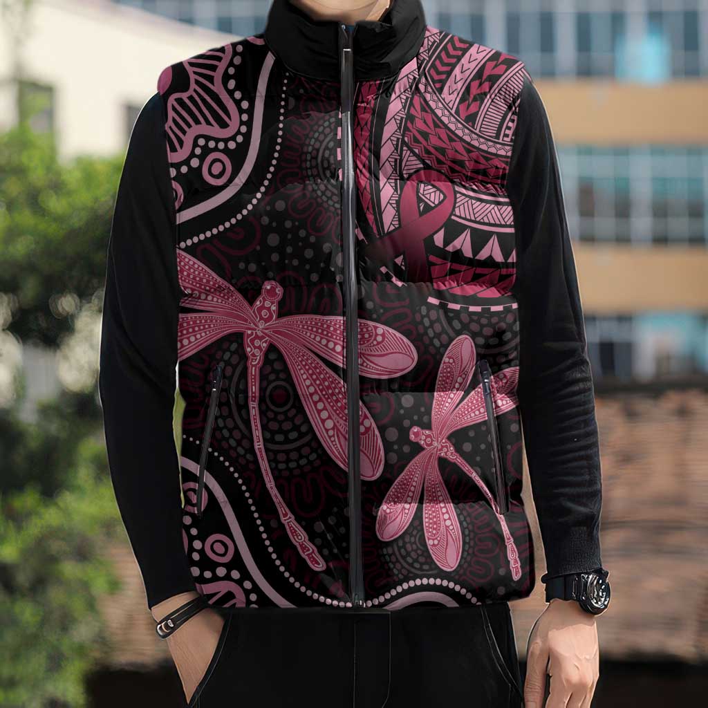 Australia Indigenous Mix Polynesian Sleeveless Puffer Jacket Pink Ribbon and Dragonflies - Aussie Hoodie