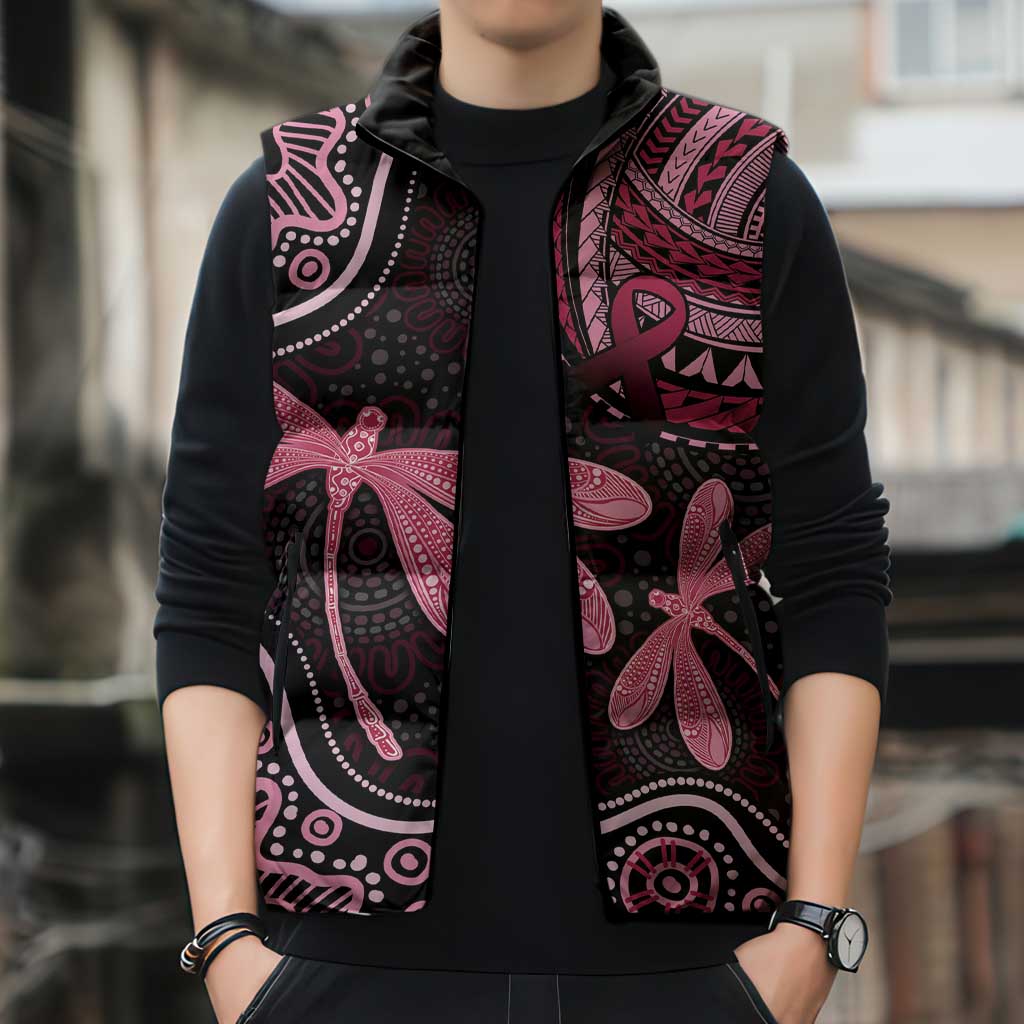Australia Indigenous Mix Polynesian Sleeveless Puffer Jacket Pink Ribbon and Dragonflies - Aussie Hoodie