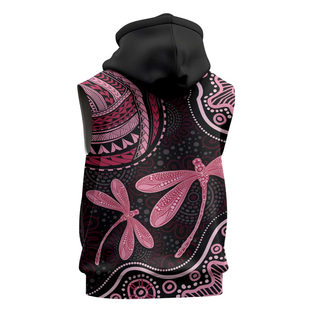 Australia Indigenous Mix Polynesian Sleeveless Zip Hoodie Pink Ribbon and Dragonflies LT7