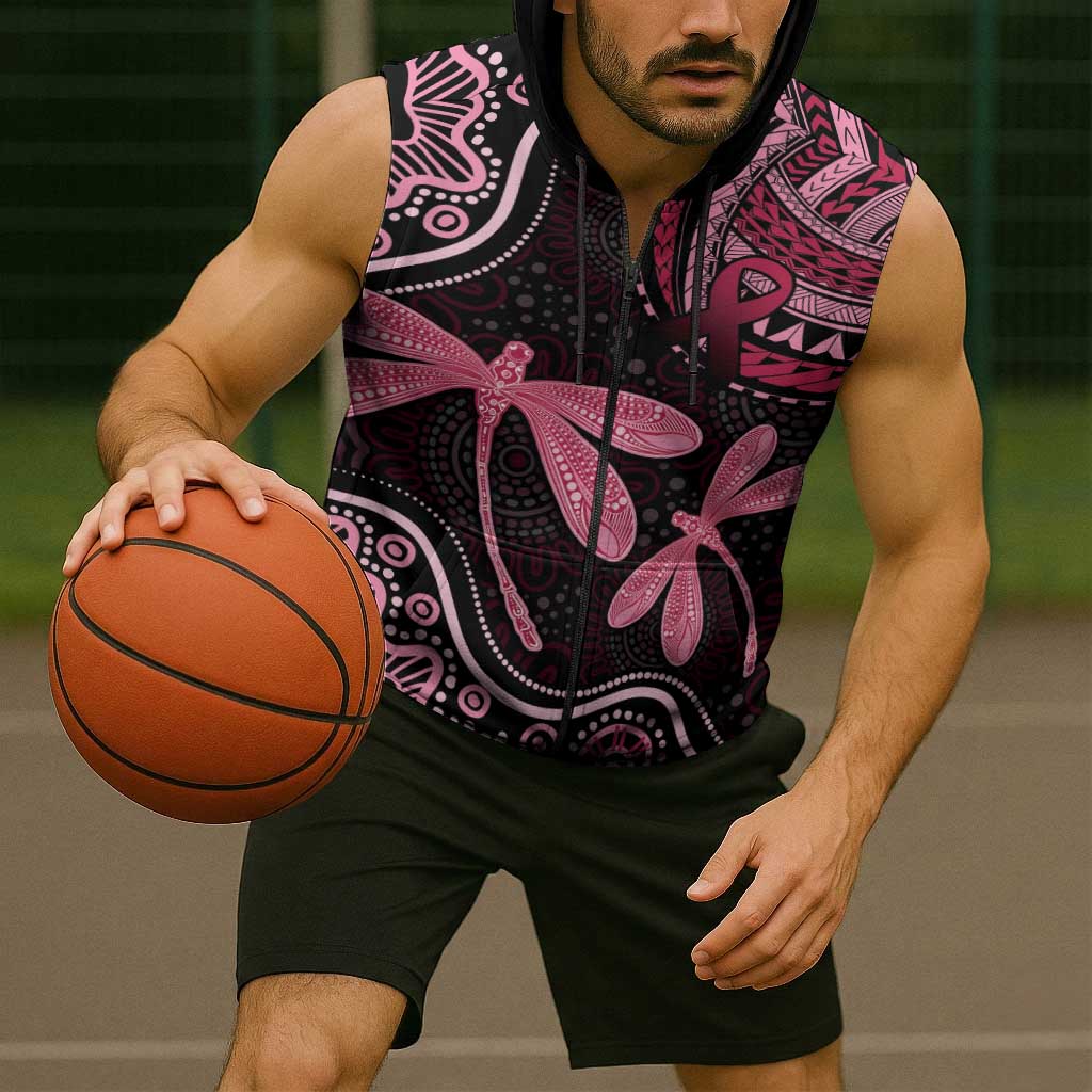 Australia Indigenous Mix Polynesian Sleeveless Zip Hoodie Pink Ribbon and Dragonflies LT7