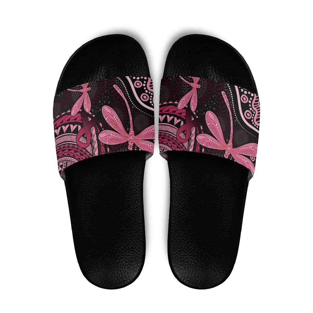 Australia Indigenous Mix Polynesian Slide Sandals Pink Ribbon and Dragonflies - Aussie Hoodie