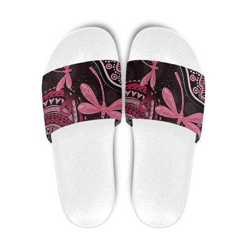 Australia Indigenous Mix Polynesian Slide Sandals Pink Ribbon and Dragonflies - Aussie Hoodie