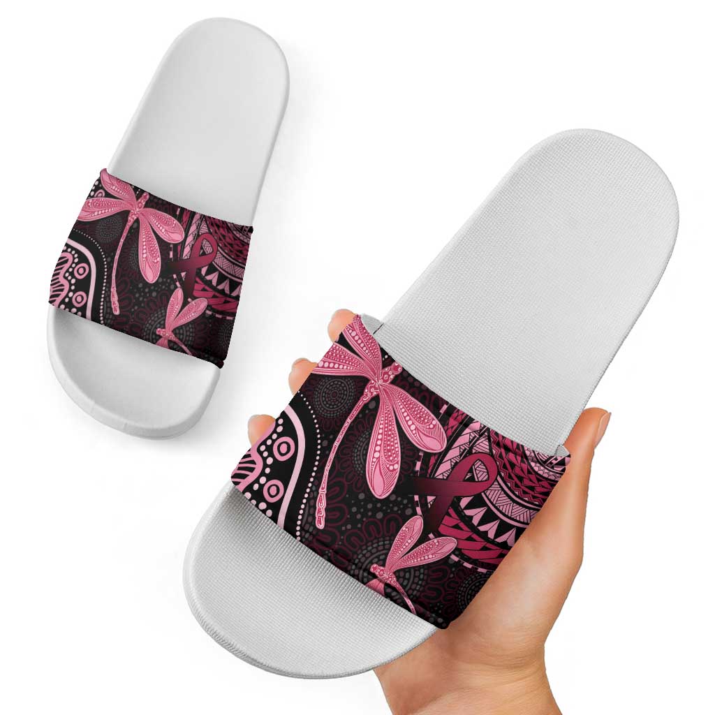 Australia Indigenous Mix Polynesian Slide Sandals Pink Ribbon and Dragonflies - Aussie Hoodie
