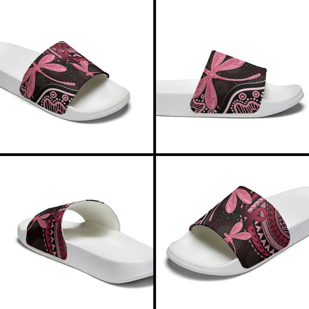 Australia Indigenous Mix Polynesian Slide Sandals Pink Ribbon and Dragonflies - Aussie Hoodie