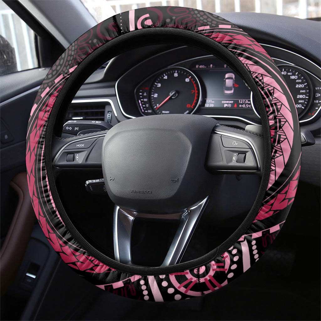 Australia Indigenous Mix Polynesian Steering Wheel Cover Pink Ribbon and Dragonflies - Aussie Hoodie