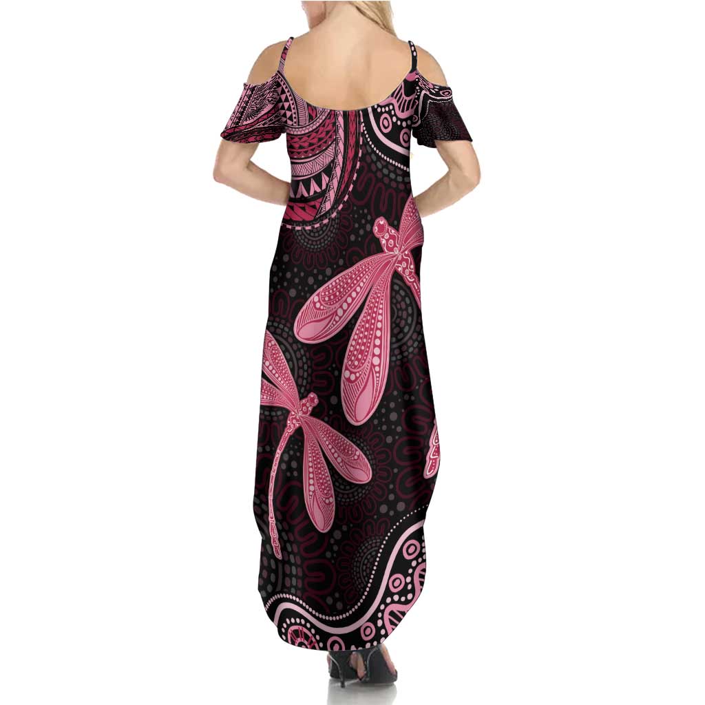 Australia Indigenous Mix Polynesian Summer Maxi Dress Pink Ribbon and Dragonflies - Aussie Hoodie
