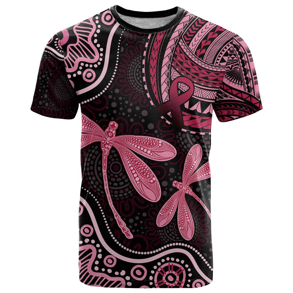 Australia Indigenous Mix Polynesian T Shirt Pink Ribbon and Dragonflies - Aussie Hoodie