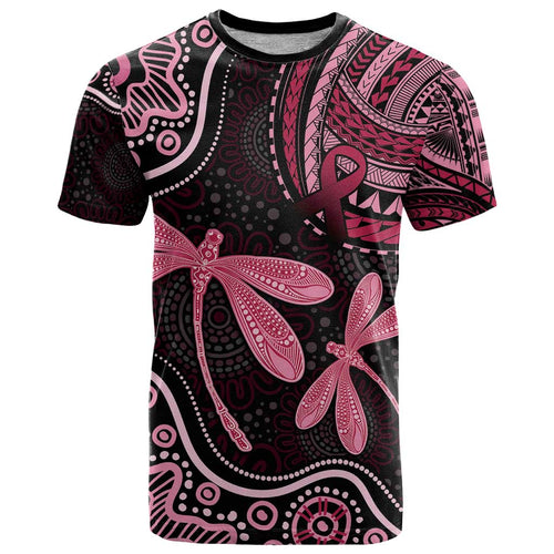 Australia Indigenous Mix Polynesian T Shirt Pink Ribbon and Dragonflies - Aussie Hoodie
