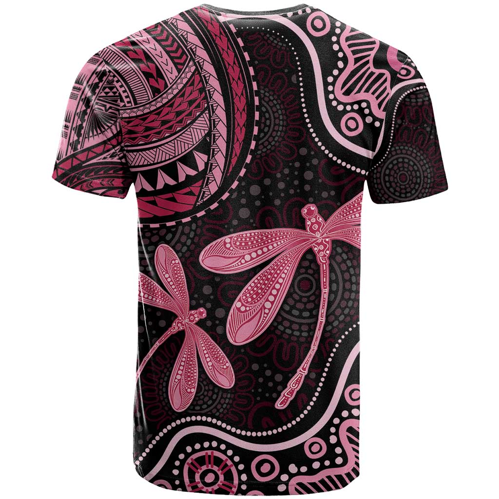Australia Indigenous Mix Polynesian T Shirt Pink Ribbon and Dragonflies - Aussie Hoodie