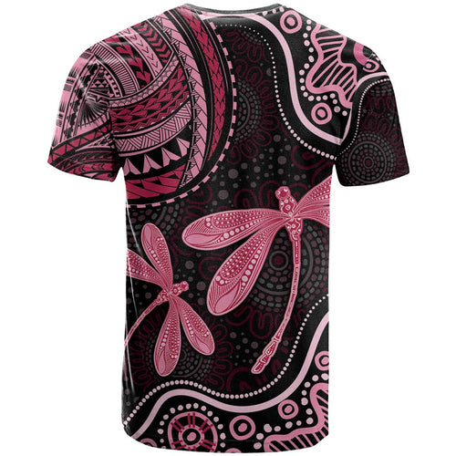 Australia Indigenous Mix Polynesian T Shirt Pink Ribbon and Dragonflies - Aussie Hoodie