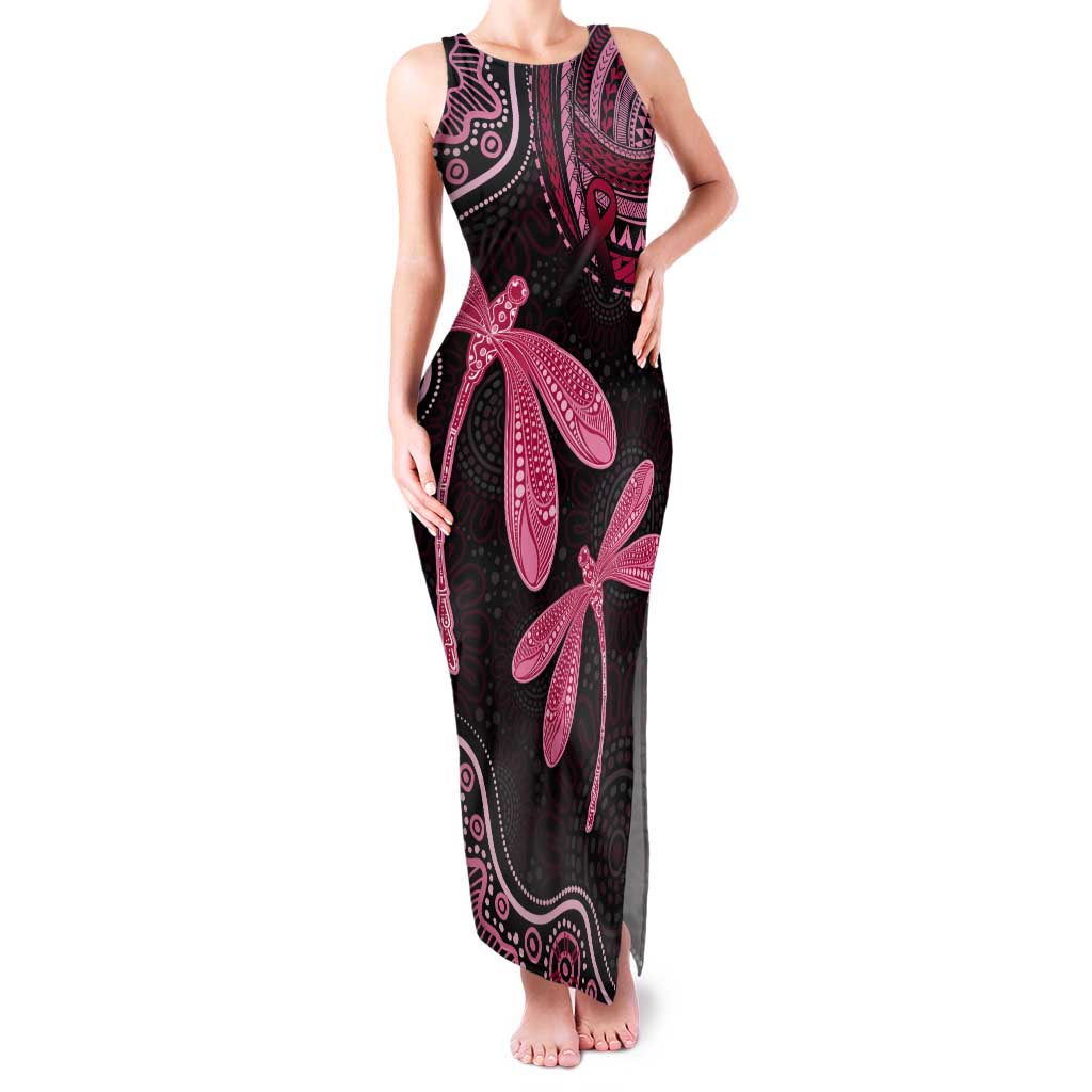 Australia Indigenous Mix Polynesian Tank Maxi Dress Pink Ribbon and Dragonflies - Aussie Hoodie