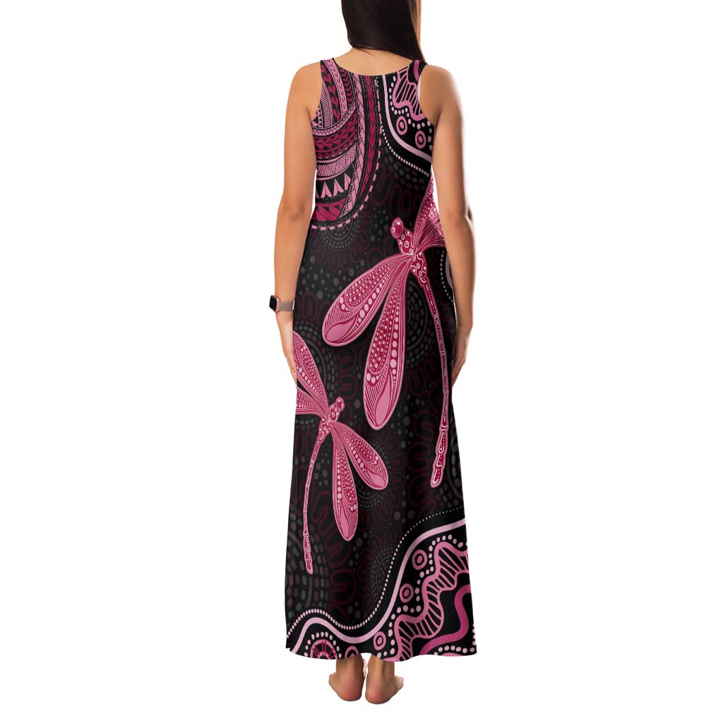 Australia Indigenous Mix Polynesian Tank Maxi Dress Pink Ribbon and Dragonflies - Aussie Hoodie