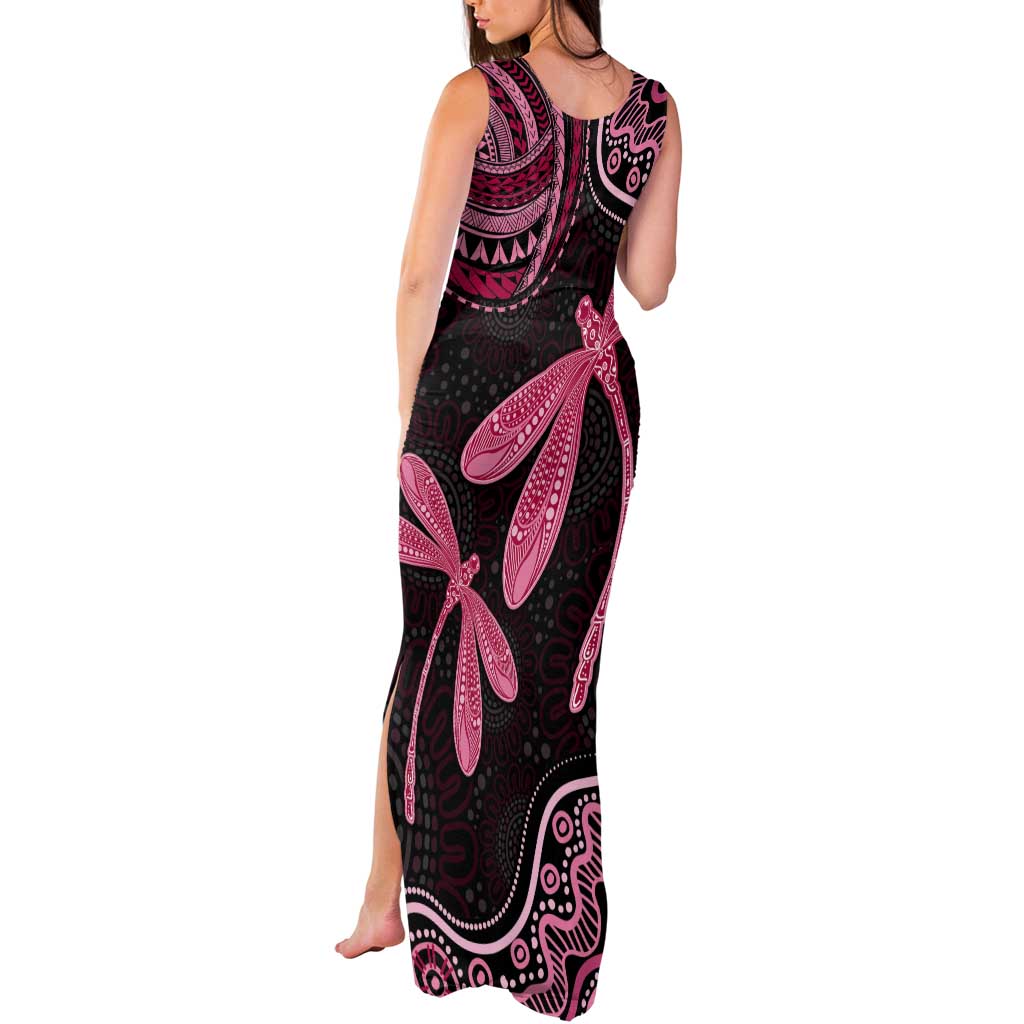Australia Indigenous Mix Polynesian Tank Maxi Dress Pink Ribbon and Dragonflies - Aussie Hoodie