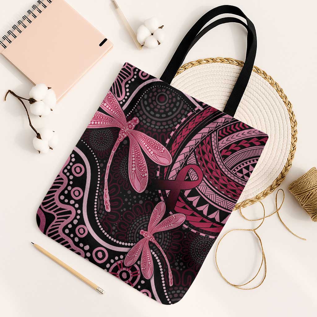 Australia Indigenous Mix Polynesian Tote Bag Pink Ribbon and Dragonflies - Aussie Hoodie
