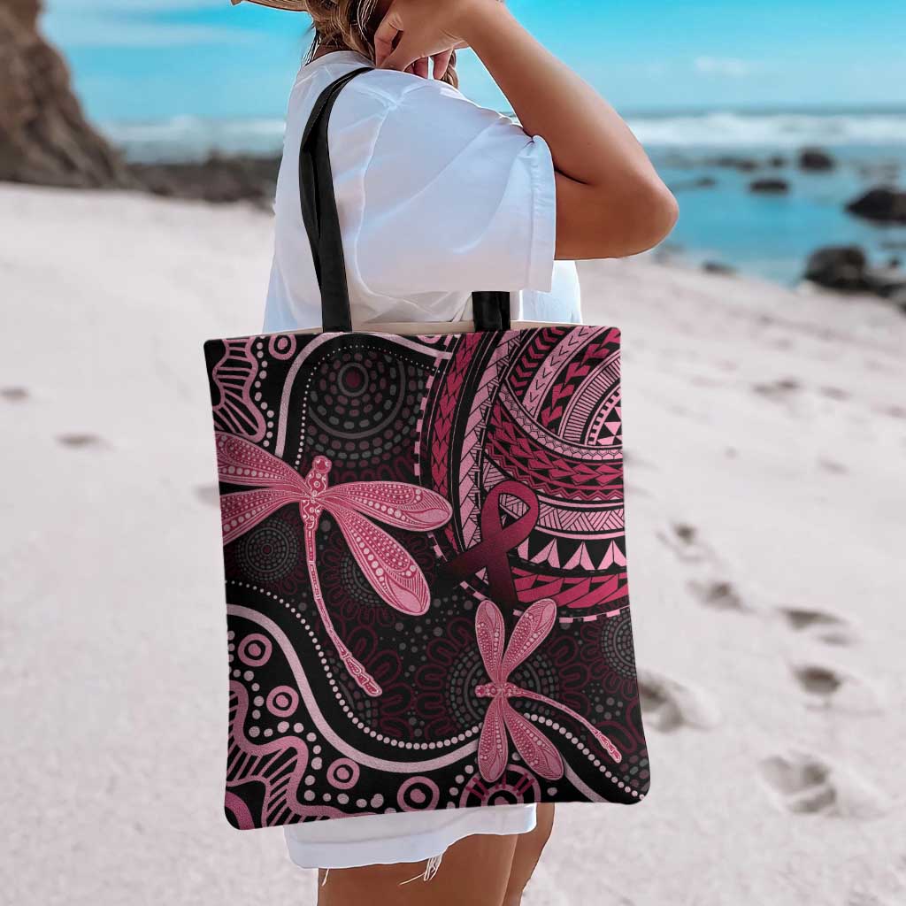 Australia Indigenous Mix Polynesian Tote Bag Pink Ribbon and Dragonflies - Aussie Hoodie