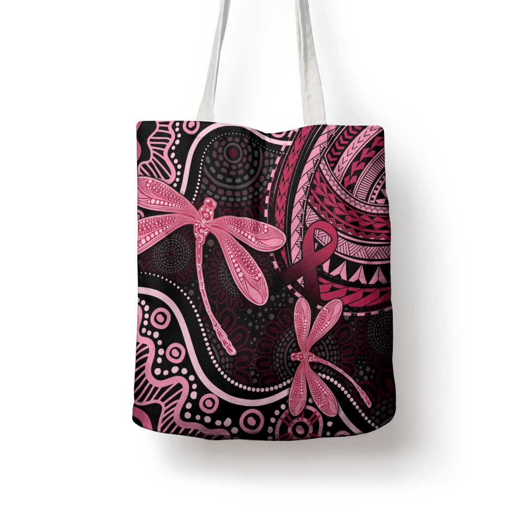Australia Indigenous Mix Polynesian Tote Bag Pink Ribbon and Dragonflies - Aussie Hoodie