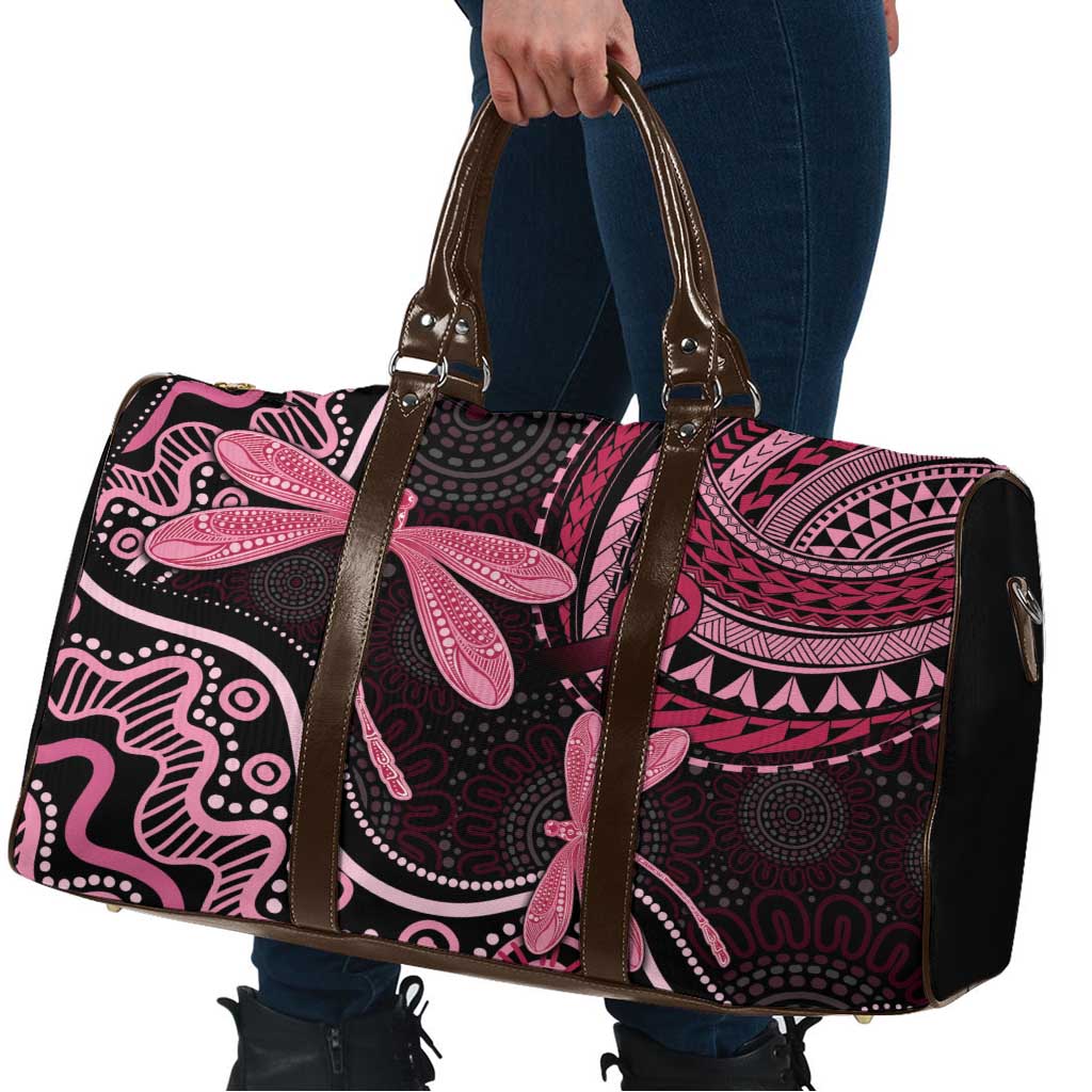 Australia Indigenous Mix Polynesian Travel Bag Pink Ribbon and Dragonflies - Aussie Hoodie