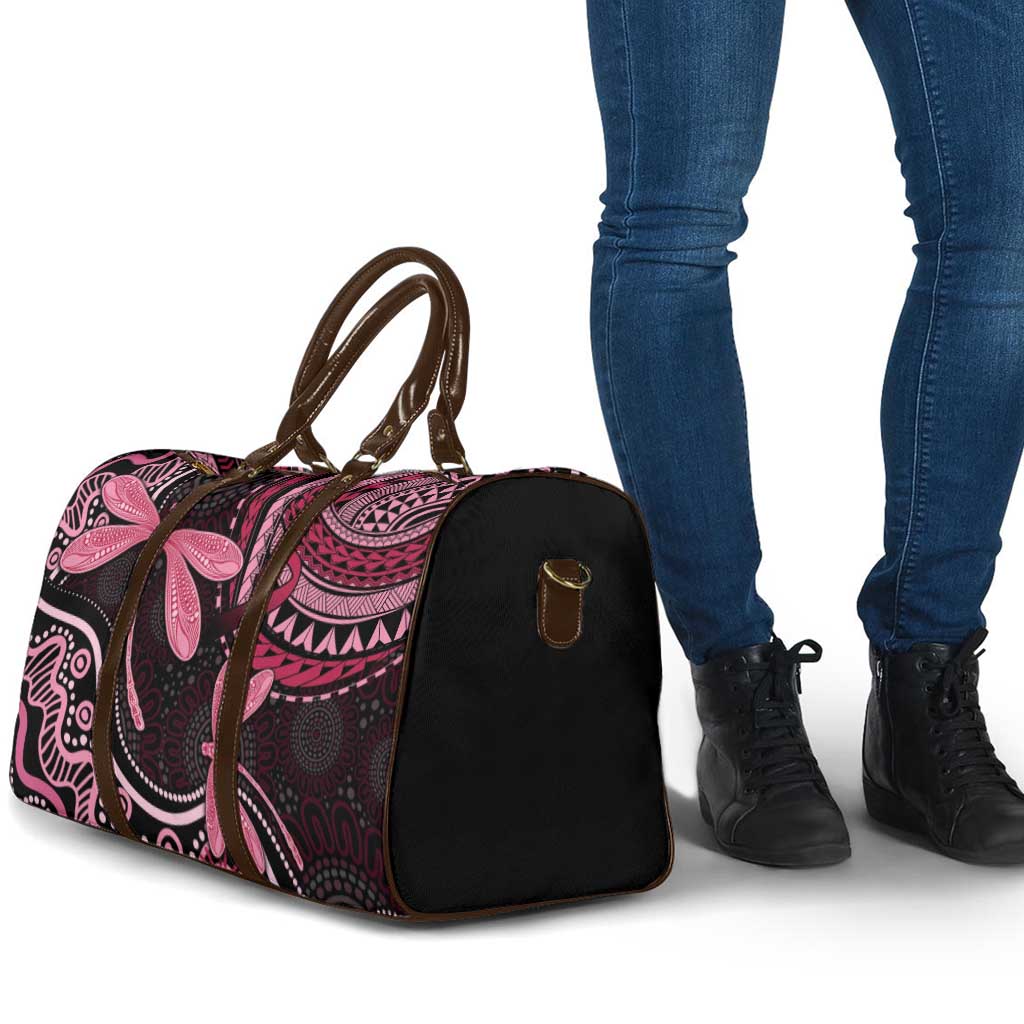Australia Indigenous Mix Polynesian Travel Bag Pink Ribbon and Dragonflies - Aussie Hoodie