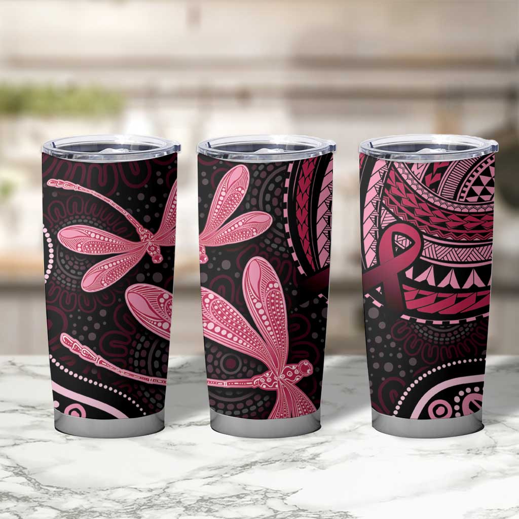 Australia Indigenous Mix Polynesian Tumbler Cup Pink Ribbon and Dragonflies - Aussie Hoodie