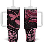 Australia Indigenous Mix Polynesian Tumbler With Handle Pink Ribbon and Dragonflies - Aussie Hoodie
