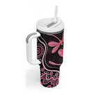 Australia Indigenous Mix Polynesian Tumbler With Handle Pink Ribbon and Dragonflies - Aussie Hoodie