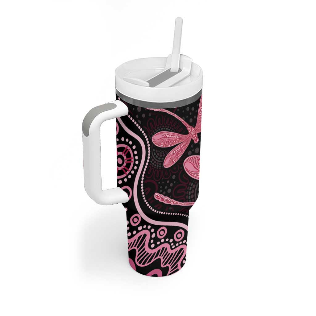 Australia Indigenous Mix Polynesian Tumbler With Handle Pink Ribbon and Dragonflies - Aussie Hoodie