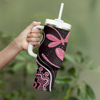 Australia Indigenous Mix Polynesian Tumbler With Handle Pink Ribbon and Dragonflies - Aussie Hoodie